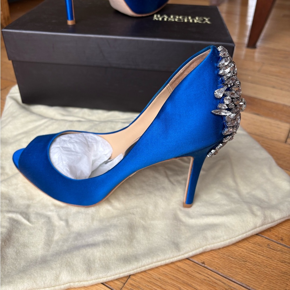 Badgley Mischka Embellished Royal Blue Satin Peep-Toe Pumps